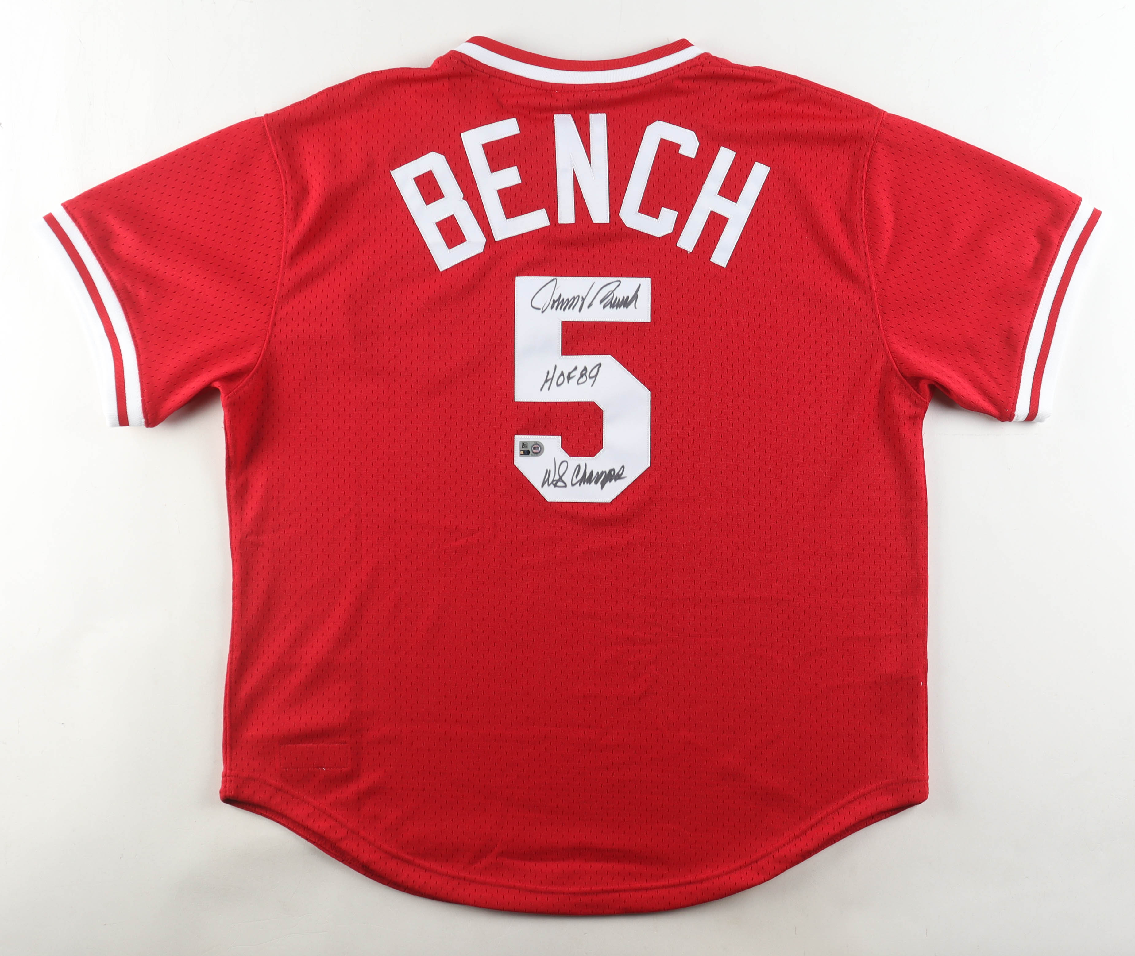 Johnny Bench Signed Reds Authentic Mitchell & Ness Jersey Authentic Inscribed "HOF 89" & "WS Champs" (MLB) at PristineAuction.com Johnny Bench Signed Reds Authentic Mitchell & Ness Jersey Authentic Inscribed "HOF 89" & "WS Champs" (MLB) at PristineAuction.com