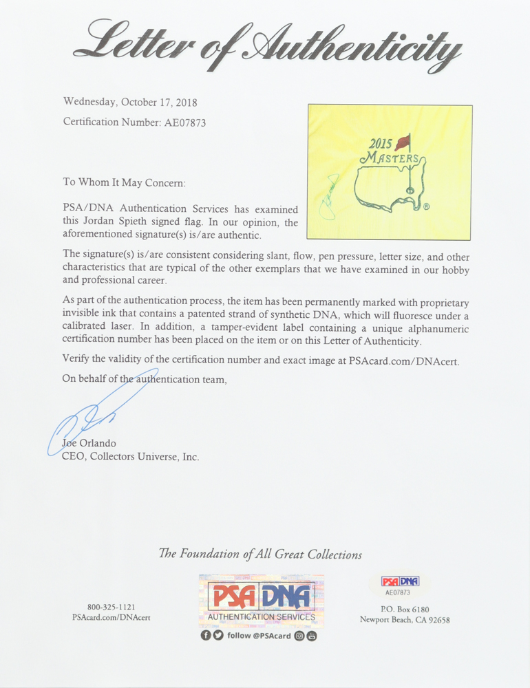 Jordan Spieth Signed Masters Tournament 13x18 Golf Pin Flag (PSA) at PristineAuction.com Jordan Spieth Signed Masters Tournament 13x18 Golf Pin Flag (PSA) at PristineAuction.com