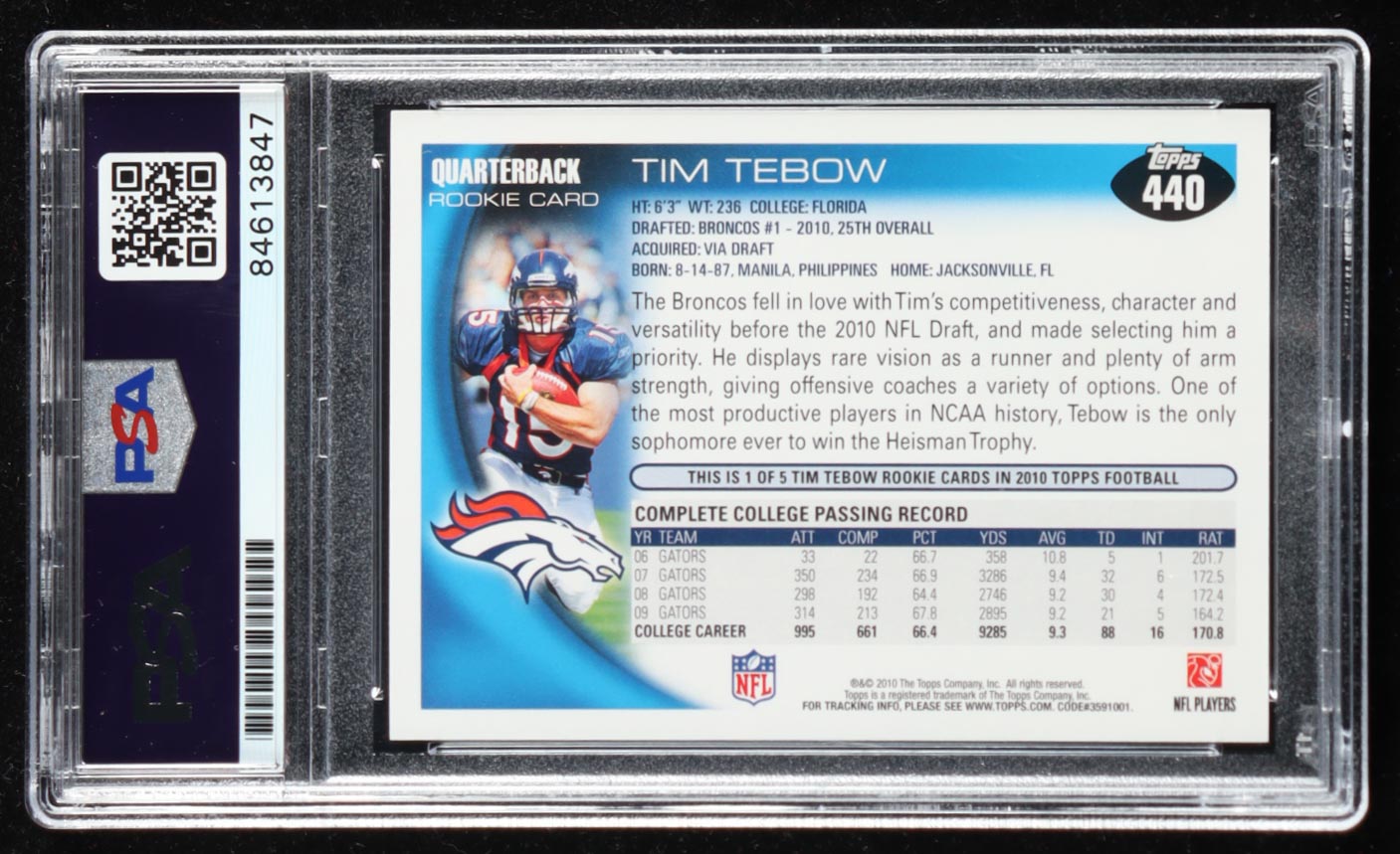 Tim Tebow Signed 2010 Topps #440A RC / Leaping Pose (PSA | Autograph Grade 10) at PristineAuction.com Tim Tebow Signed 2010 Topps #440A RC / Leaping Pose (PSA | Autograph Grade 10) at PristineAuction.com