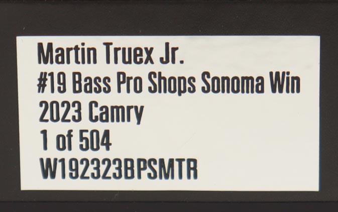 Martin Truex Jr. Signed 2023 #19 Bass Pro Shops Sonoma Win 1:24 Diecast Car (PA) at PristineAuction.com Martin Truex Jr. Signed 2023 #19 Bass Pro Shops Sonoma Win 1:24 Diecast Car (PA) at PristineAuction.com