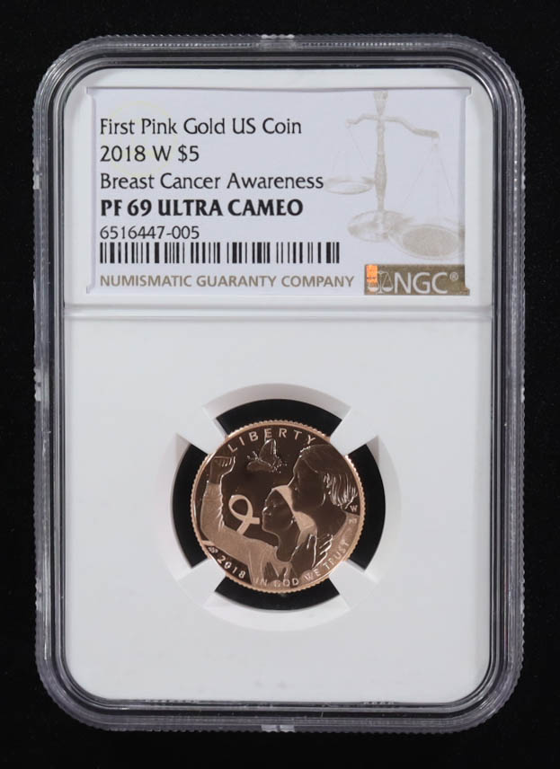 2018-W $5 Dollar First Pink Gold U.S. Coin - Breast Cancer Awareness (NGC PF 69 Ultra Cameo) at PristineAuction.com 2018-W $5 Dollar First Pink Gold U.S. Coin - Breast Cancer Awareness (NGC PF 69 Ultra Cameo) at PristineAuction.com