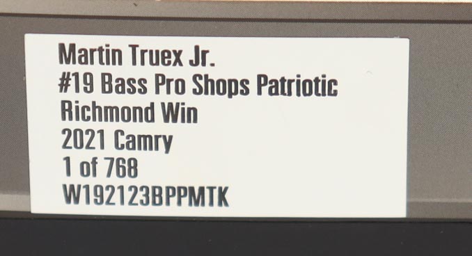 Martin Truex Jr. Signed 2021 #19 Bass Pro Shops Patriotic Richmond Win 1:24 Diecast Car (PA) at PristineAuction.com Martin Truex Jr. Signed 2021 #19 Bass Pro Shops Patriotic Richmond Win 1:24 Diecast Car (PA) at PristineAuction.com