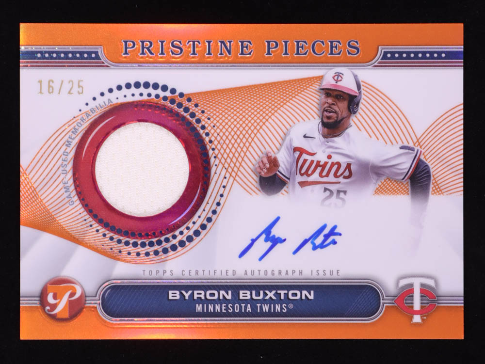 Byron Buxton 2024 Topps Pristine Pristine Pieces Autograph Relics Orange Refractors #PPARBB #16/25 at PristineAuction.com Byron Buxton 2024 Topps Pristine Pristine Pieces Autograph Relics Orange Refractors #PPARBB #16/25 at PristineAuction.com