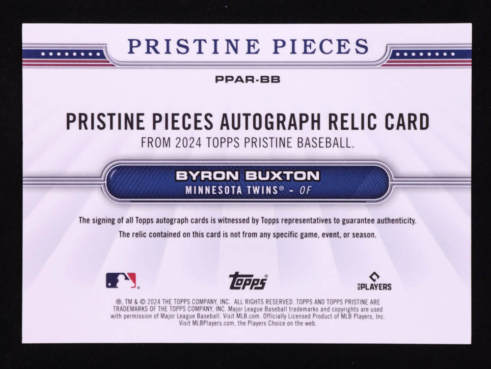Byron Buxton 2024 Topps Pristine Pristine Pieces Autograph Relics Orange Refractors #PPARBB #16/25 at PristineAuction.com Byron Buxton 2024 Topps Pristine Pristine Pieces Autograph Relics Orange Refractors #PPARBB #16/25 at PristineAuction.com