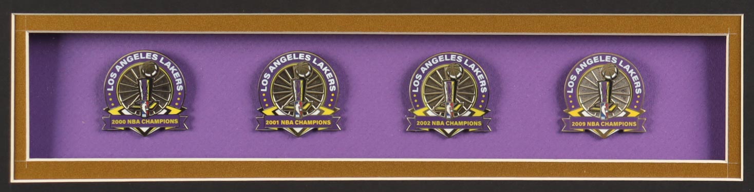 Kobe Bryant Custom Framed Jersey Display with (4) NBA Finals Pins & (2) Team Logo Patches at PristineAuction.com Kobe Bryant Custom Framed Jersey Display with (4) NBA Finals Pins & (2) Team Logo Patches at PristineAuction.com