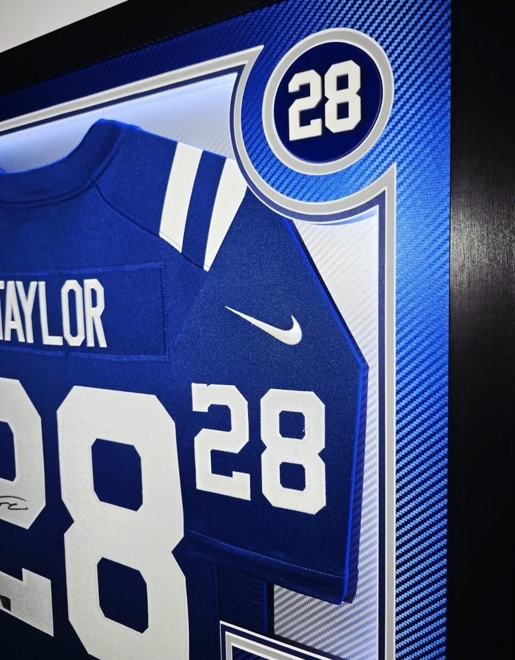 Jonathon Taylor Signed Colts Custom Framed LED Backlit Nike Jersey Display & (2) PSA 10 Graded Rookie Cards (Fanatics) at PristineAuction.com Jonathon Taylor Signed Colts Custom Framed LED Backlit Nike Jersey Display & (2) PSA 10 Graded Rookie Cards (Fanatics) at PristineAuction.com
