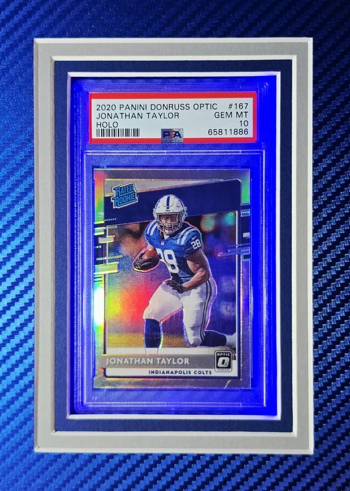 Jonathon Taylor Signed Colts Custom Framed LED Backlit Nike Jersey Display & (2) PSA 10 Graded Rookie Cards (Fanatics) at PristineAuction.com Jonathon Taylor Signed Colts Custom Framed LED Backlit Nike Jersey Display & (2) PSA 10 Graded Rookie Cards (Fanatics) at PristineAuction.com