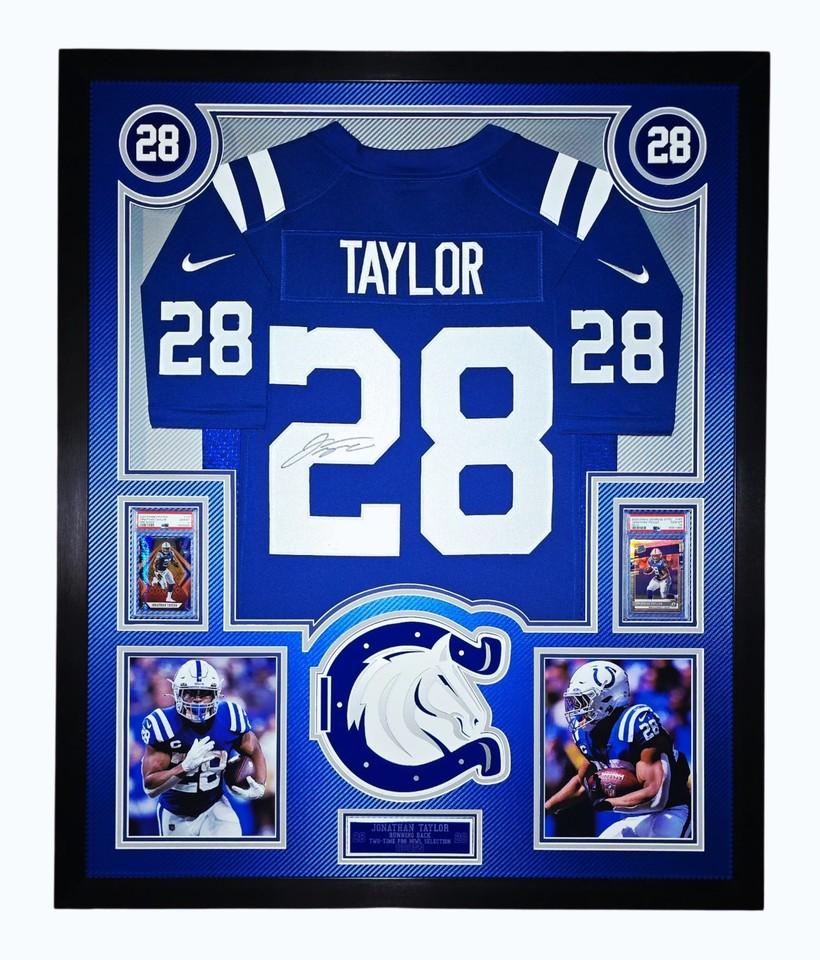 Jonathon Taylor Signed Colts Custom Framed LED Backlit Nike Jersey Display & (2) PSA 10 Graded Rookie Cards (Fanatics) at PristineAuction.com Jonathon Taylor Signed Colts Custom Framed LED Backlit Nike Jersey Display & (2) PSA 10 Graded Rookie Cards (Fanatics) at PristineAuction.com