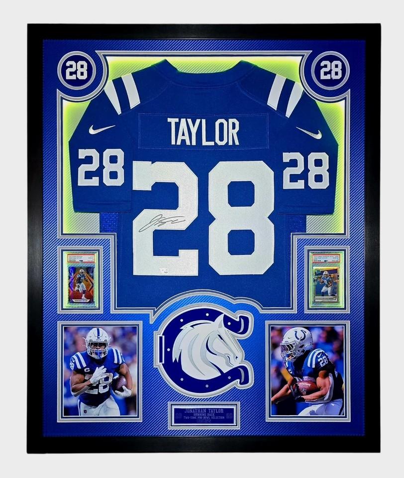 Jonathon Taylor Signed Colts Custom Framed LED Backlit Nike Jersey Display & (2) PSA 10 Graded Rookie Cards (Fanatics) at PristineAuction.com Jonathon Taylor Signed Colts Custom Framed LED Backlit Nike Jersey Display & (2) PSA 10 Graded Rookie Cards (Fanatics) at PristineAuction.com