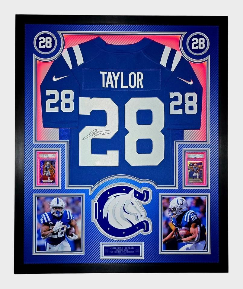 Jonathon Taylor Signed Colts Custom Framed LED Backlit Nike Jersey Display & (2) PSA 10 Graded Rookie Cards (Fanatics) at PristineAuction.com Jonathon Taylor Signed Colts Custom Framed LED Backlit Nike Jersey Display & (2) PSA 10 Graded Rookie Cards (Fanatics) at PristineAuction.com