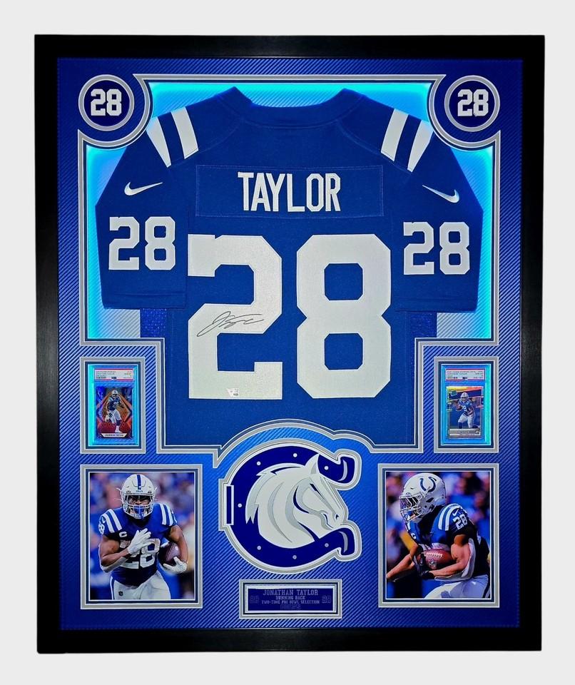 Jonathon Taylor Signed Colts Custom Framed LED Backlit Nike Jersey Display & (2) PSA 10 Graded Rookie Cards (Fanatics) at PristineAuction.com Jonathon Taylor Signed Colts Custom Framed LED Backlit Nike Jersey Display & (2) PSA 10 Graded Rookie Cards (Fanatics) at PristineAuction.com