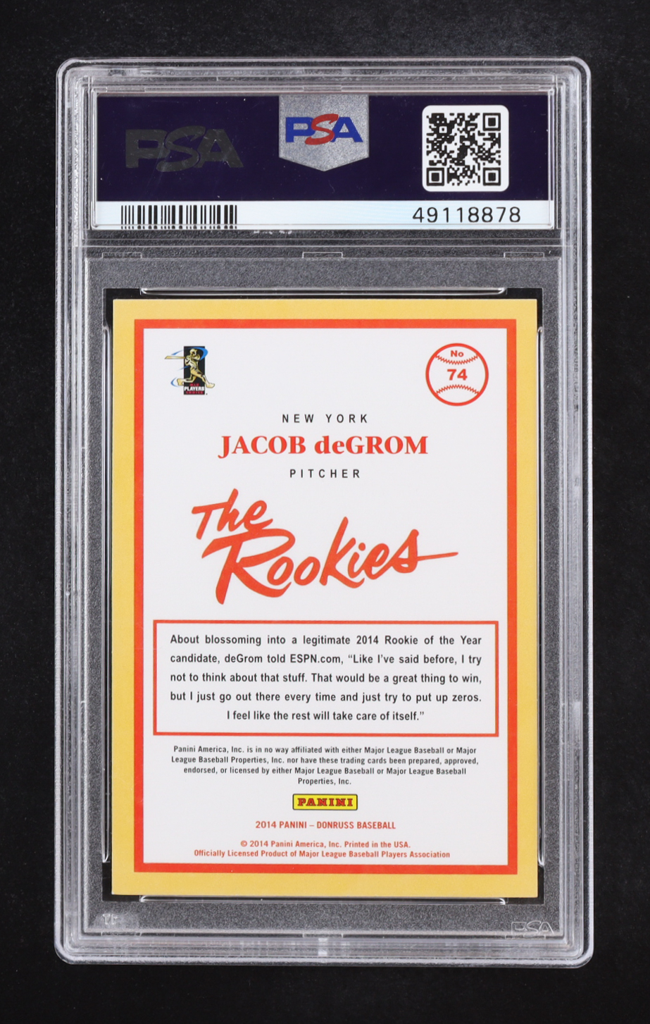 Jacob DeGrom 2014 Panini Donruss The Rookies #74 RC (PSA 9) at PristineAuction.com Jacob DeGrom 2014 Panini Donruss The Rookies #74 RC (PSA 9) at PristineAuction.com