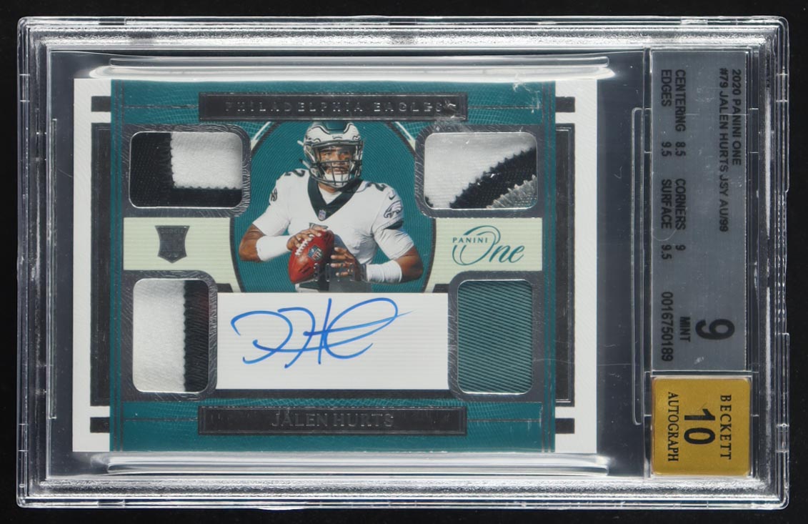 Jalen Hurts 2020 Panini One #79 RC #38/99 JSY AU (BGS 9 | Auto Grade 10) at PristineAuction.com Jalen Hurts 2020 Panini One #79 RC #38/99 JSY AU (BGS 9 | Auto Grade 10) at PristineAuction.com