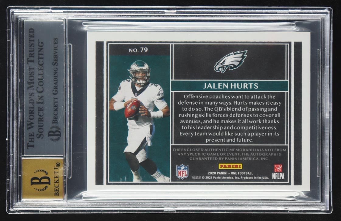 Jalen Hurts 2020 Panini One #79 RC #38/99 JSY AU (BGS 9 | Auto Grade 10) at PristineAuction.com Jalen Hurts 2020 Panini One #79 RC #38/99 JSY AU (BGS 9 | Auto Grade 10) at PristineAuction.com