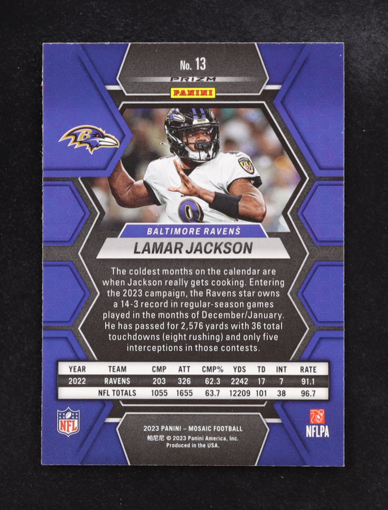 Lamar Jackson 2023 Panini Mosaic Prizm #13 at PristineAuction.com Lamar Jackson 2023 Panini Mosaic Prizm #13 at PristineAuction.com