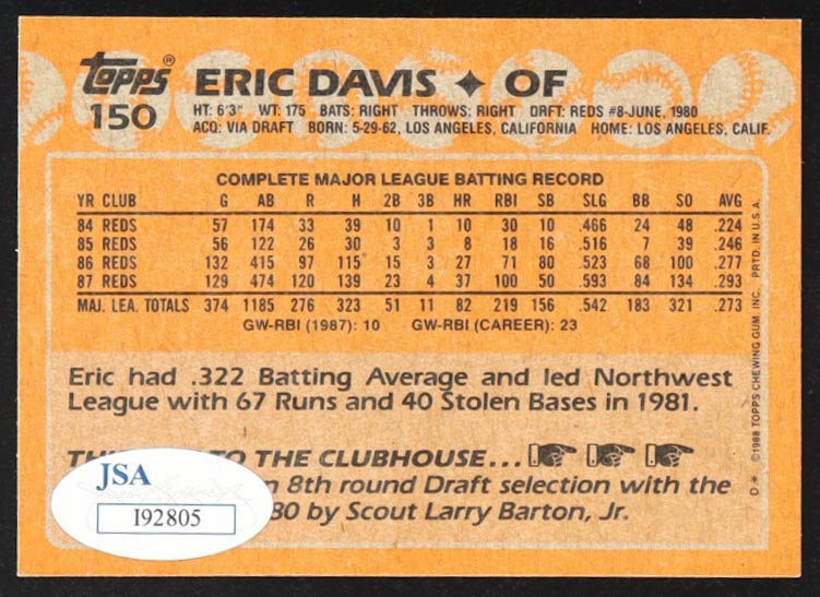 Eric Davis Signed 1988 Topps #150 (JSA) at PristineAuction.com Eric Davis Signed 1988 Topps #150 (JSA) at PristineAuction.com