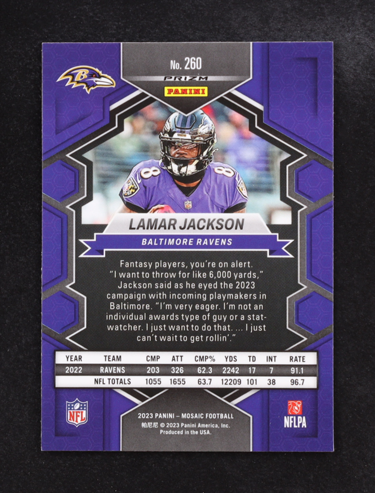 Lamar Jackson 2023 Panini Mosaic Prizm National Pride #260 at PristineAuction.com Lamar Jackson 2023 Panini Mosaic Prizm National Pride #260 at PristineAuction.com