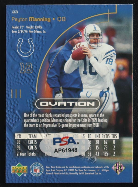 Peyton Manning Signed 2000 Upper Deck Ovation #23 (PSA) at PristineAuction.com Peyton Manning Signed 2000 Upper Deck Ovation #23 (PSA) at PristineAuction.com