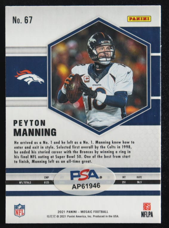 Peyton Manning Signed 2021 Panini Mosaic #67 (PSA) at PristineAuction.com Peyton Manning Signed 2021 Panini Mosaic #67 (PSA) at PristineAuction.com