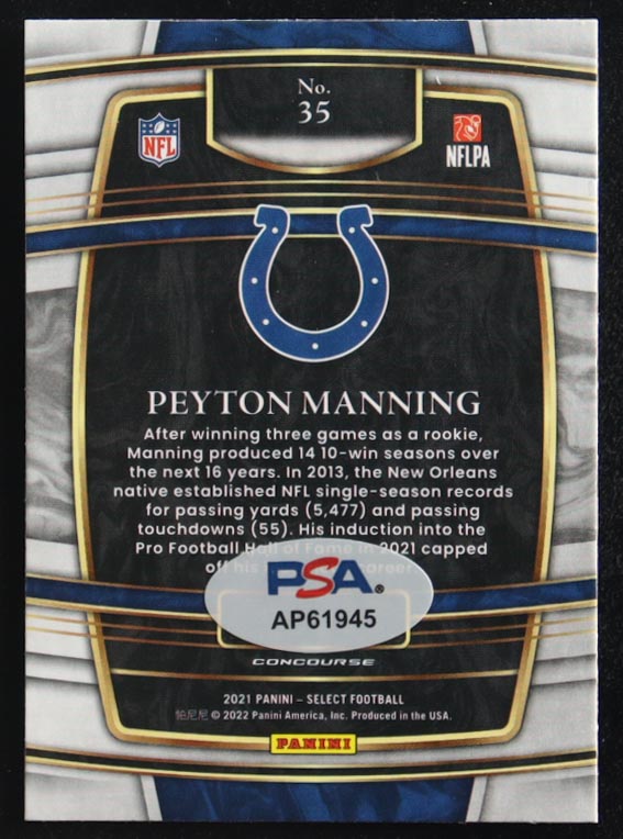 Peyton Manning Signed 2021 Select #35 (PSA) at PristineAuction.com Peyton Manning Signed 2021 Select #35 (PSA) at PristineAuction.com