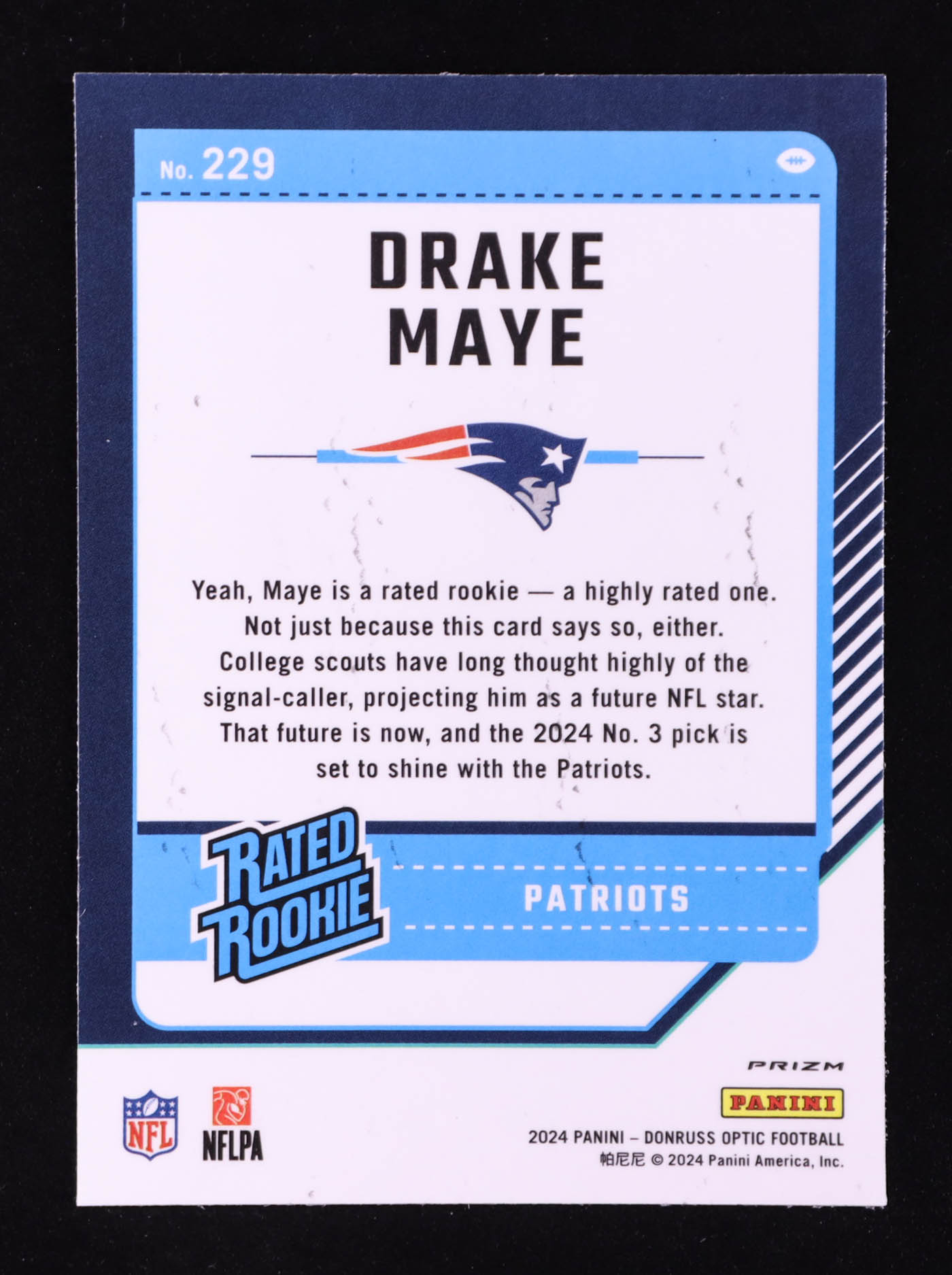 Drake Maye 2024 Donruss Optic Holo #229 RR RC at PristineAuction.com Drake Maye 2024 Donruss Optic Holo #229 RR RC at PristineAuction.com
