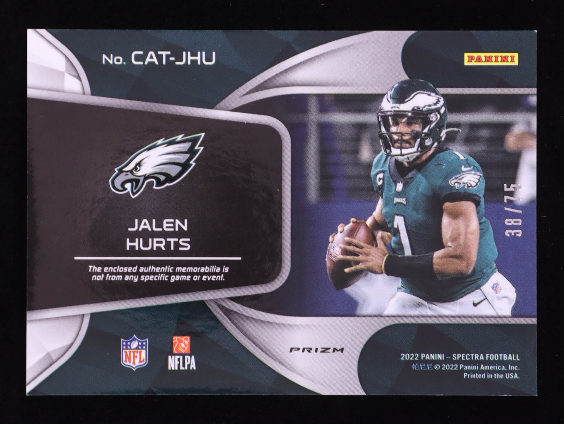 Jalen Hurts 2022 Panini Spectra Catalysts Materials Hyper #10 #38/75 at PristineAuction.com Jalen Hurts 2022 Panini Spectra Catalysts Materials Hyper #10 #38/75 at PristineAuction.com