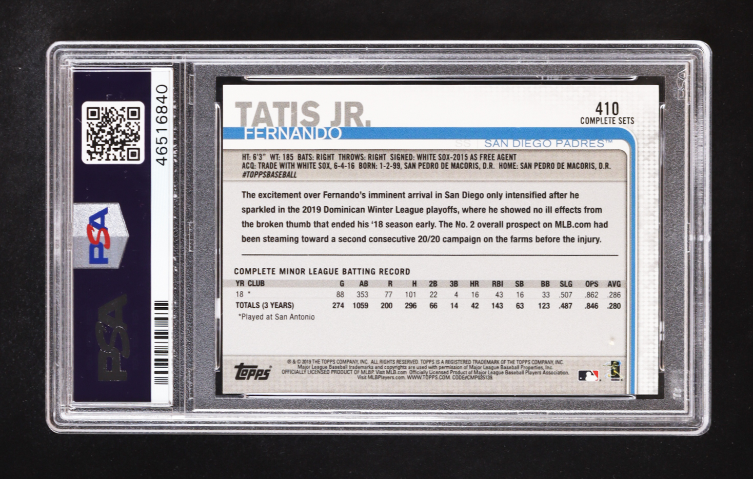 Fernando Tatis Jr. 2019 Topps Complete Set #410 RC (PSA 10) at PristineAuction.com Fernando Tatis Jr. 2019 Topps Complete Set #410 RC (PSA 10) at PristineAuction.com