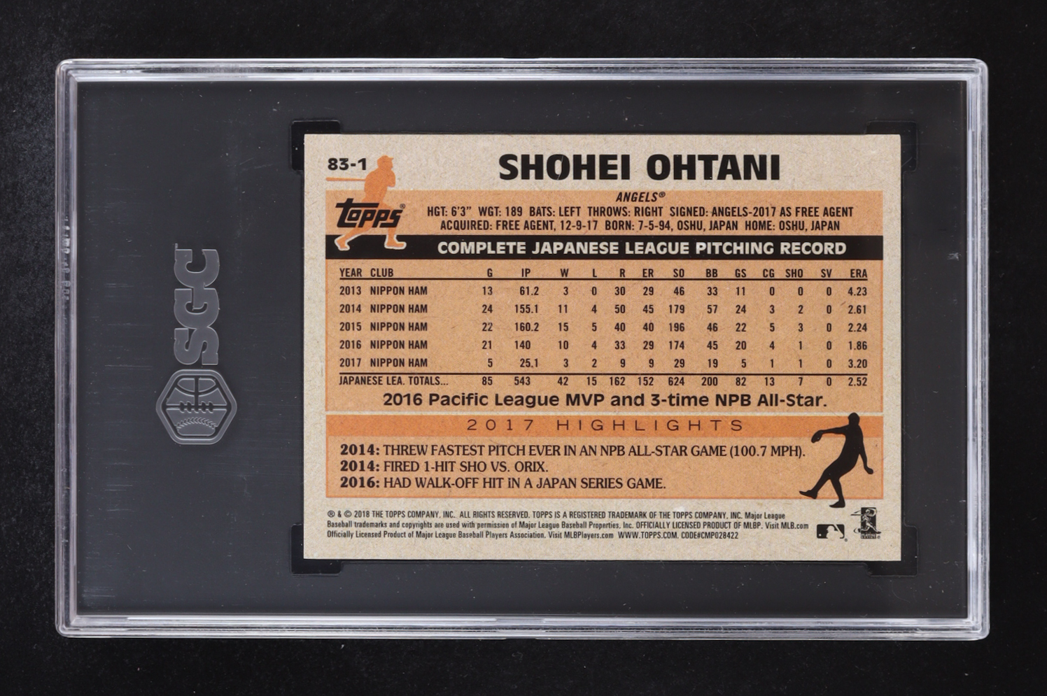 Shohei Ohtani 2018 Topps '83 Topps Design #83-1 RC (SGC 9) at PristineAuction.com Shohei Ohtani 2018 Topps '83 Topps Design #83-1 RC (SGC 9) at PristineAuction.com