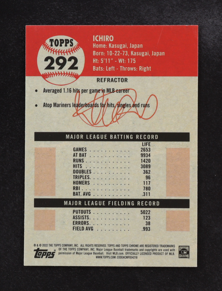 Ichiro Suzuki 2022 Topps Chrome Platinum Anniversary Refractor #292 at PristineAuction.com Ichiro Suzuki 2022 Topps Chrome Platinum Anniversary Refractor #292 at PristineAuction.com