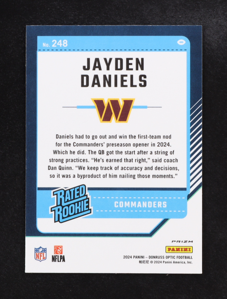 Jayden Daniels 2024 Panini Donruss Optic Prizm RR #248 RC at PristineAuction.com Jayden Daniels 2024 Panini Donruss Optic Prizm RR #248 RC at PristineAuction.com