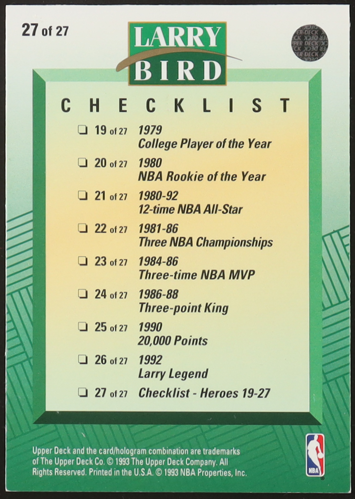 Larry Bird Signed 1992-93 Upper Deck Larry Bird Heroes #27 (PSA) at PristineAuction.com Larry Bird Signed 1992-93 Upper Deck Larry Bird Heroes #27 (PSA) at PristineAuction.com
