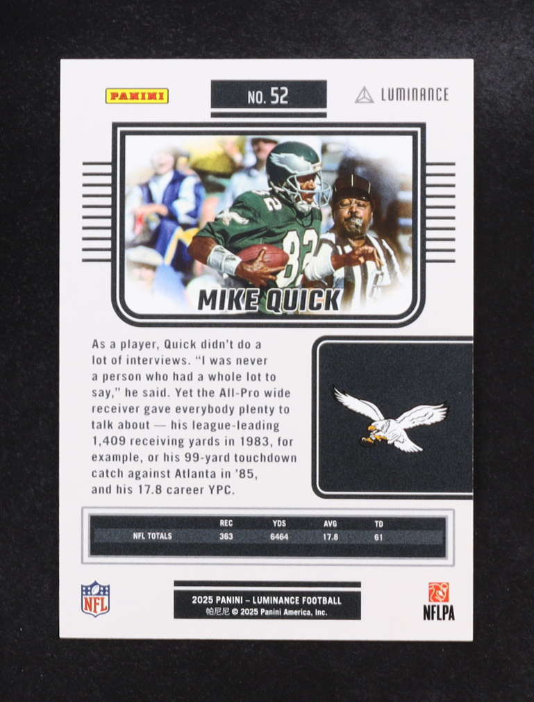 Mike Quick 2025 Panini Luminance #52 #20/35 at PristineAuction.com Mike Quick 2025 Panini Luminance #52 #20/35 at PristineAuction.com