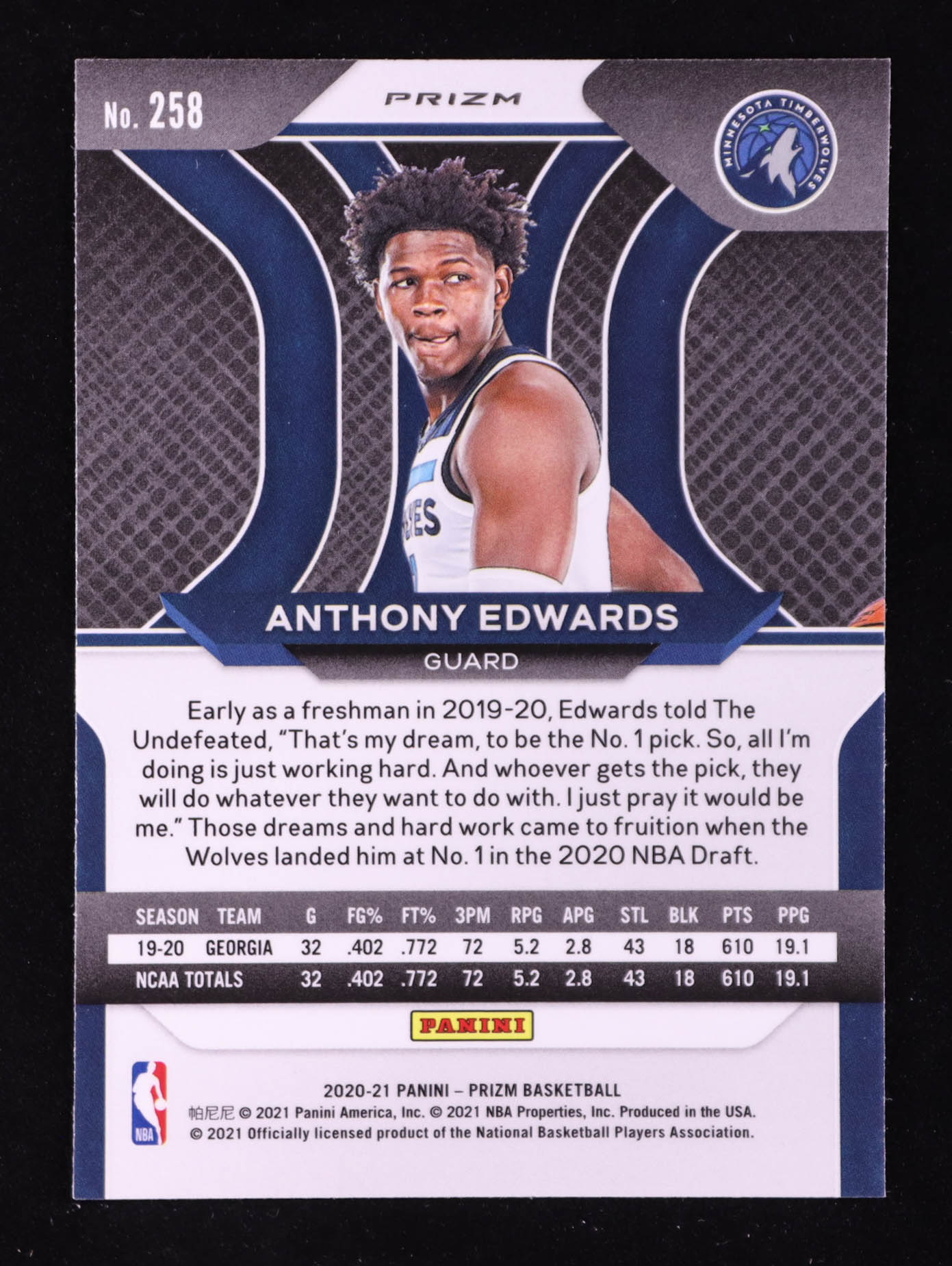 Anthony Edwards 2020-21 Panini Prizm Prizms Red Ice #258 RC at PristineAuction.com Anthony Edwards 2020-21 Panini Prizm Prizms Red Ice #258 RC at PristineAuction.com