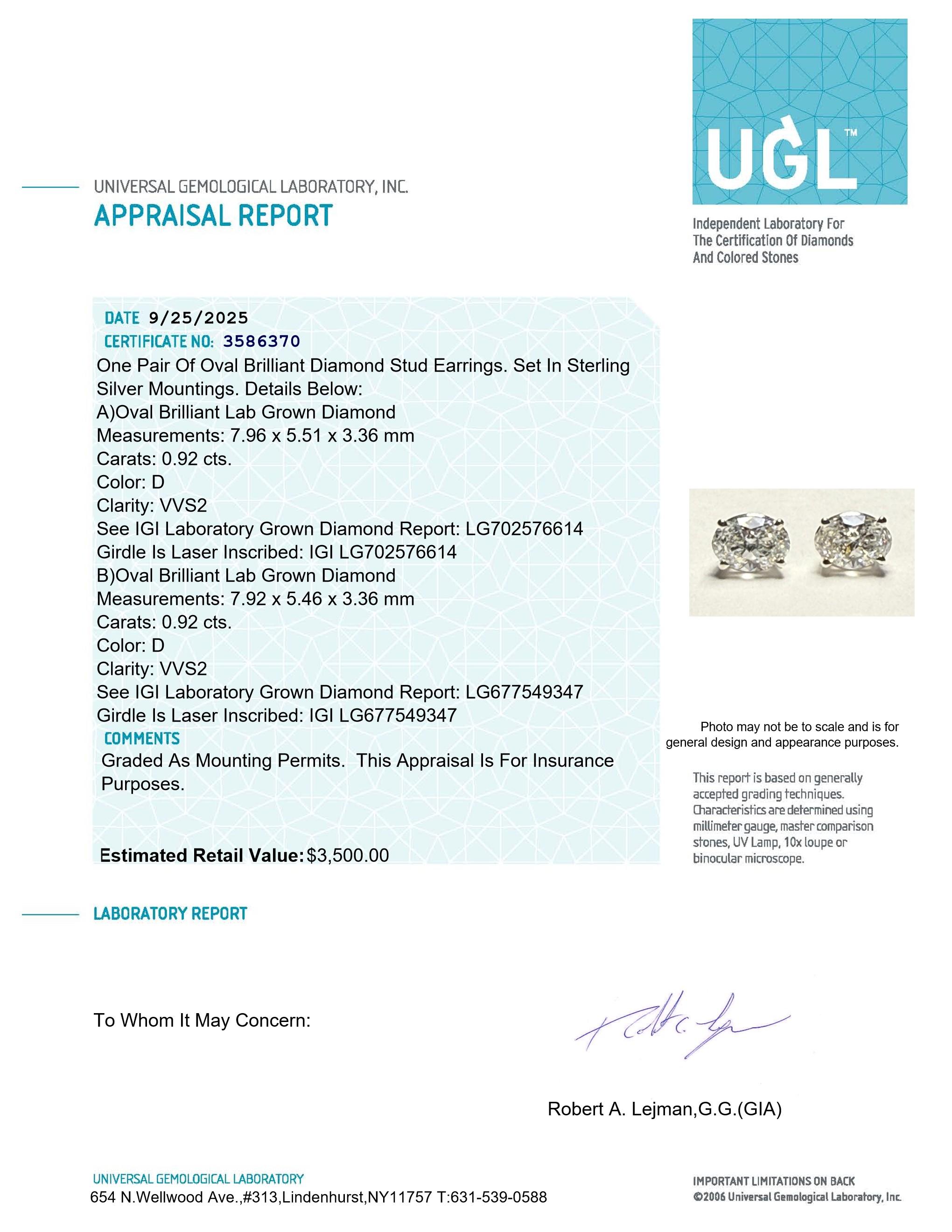 New 1.84 CTW Lab Grown Pair of Diamond Earrings D, VVS2 | Estimated Retail Value: $3,500 (UGL & IGI) at PristineAuction.com New 1.84 CTW Lab Grown Pair of Diamond Earrings D, VVS2 | Estimated Retail Value: $3,500 (UGL & IGI) at PristineAuction.com