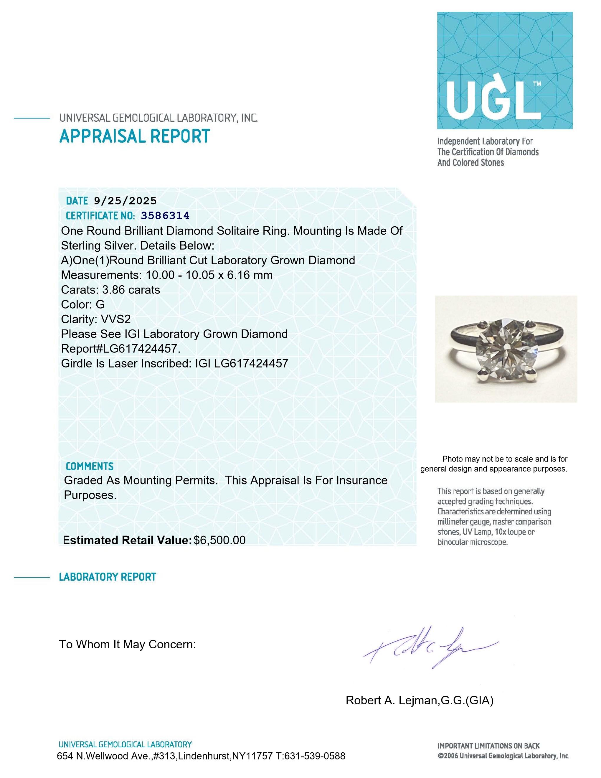 New 3.86 Carats Lab Grown Diamond Ring G, VVS2 | Estimated Retail Value: $6,500 (UGL & IGI) at PristineAuction.com New 3.86 Carats Lab Grown Diamond Ring G, VVS2 | Estimated Retail Value: $6,500 (UGL & IGI) at PristineAuction.com