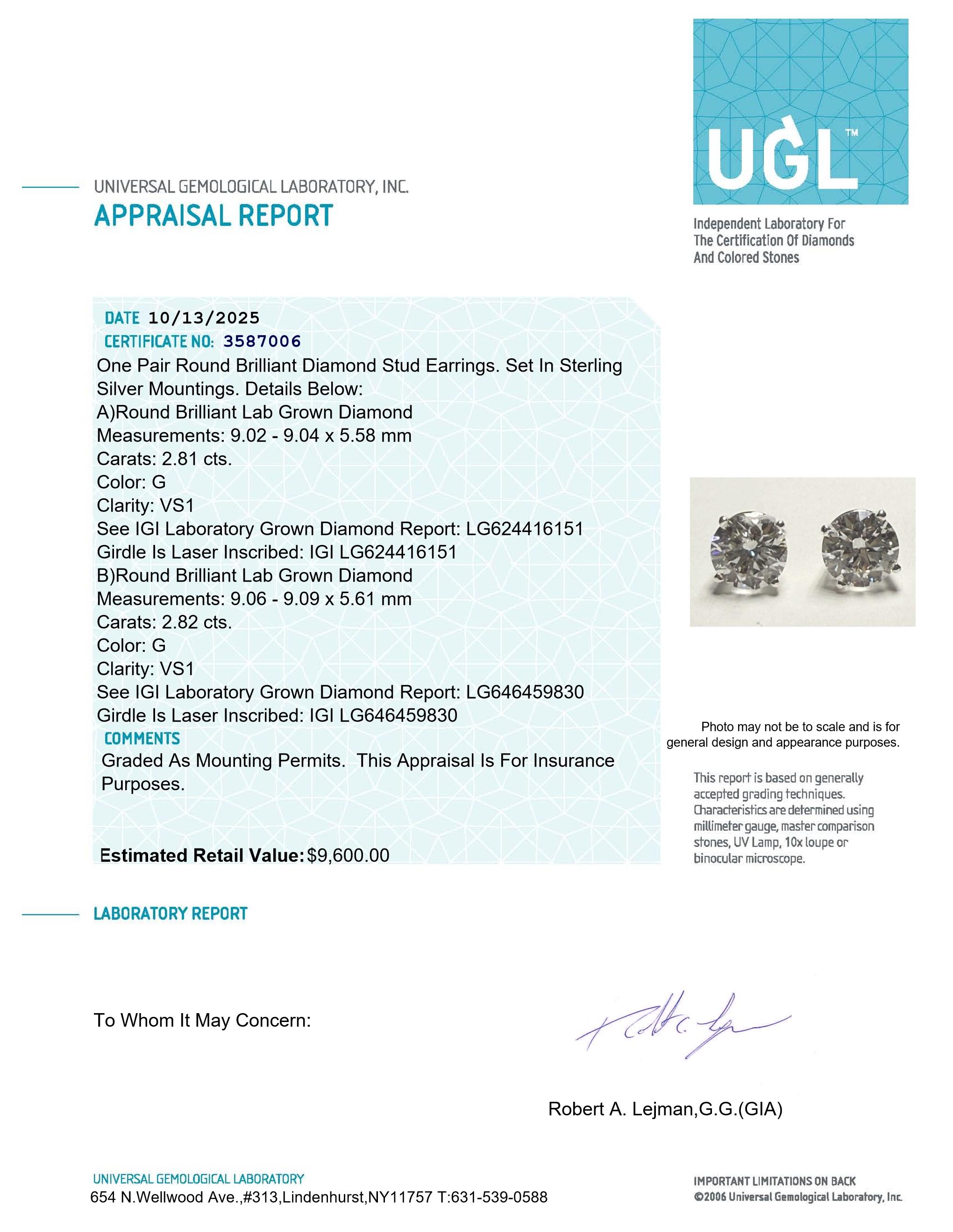 New 5.63 CTW Lab Grown Pair of Diamond Earrings G, VS1 | Estimated Retail Value: $9,600 (UGL & IGI) at PristineAuction.com New 5.63 CTW Lab Grown Pair of Diamond Earrings G, VS1 | Estimated Retail Value: $9,600 (UGL & IGI) at PristineAuction.com