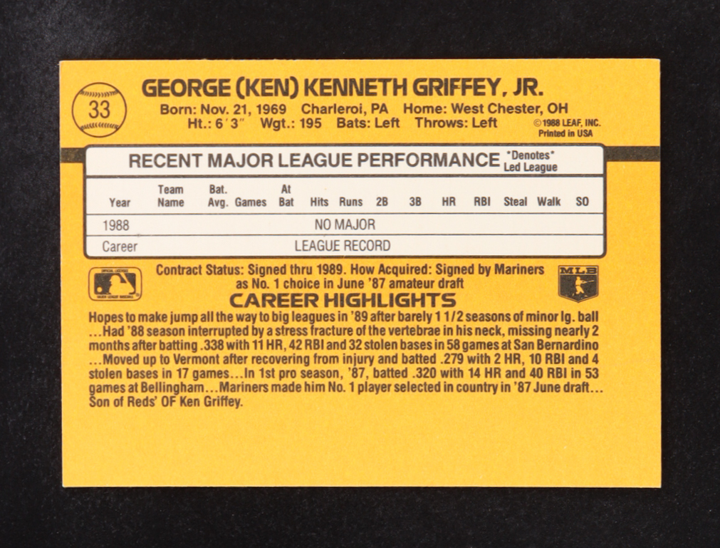 Ken Griffey Jr. 1988 Leaf Donruss Rated Rookie #33 RC at PristineAuction.com Ken Griffey Jr. 1988 Leaf Donruss Rated Rookie #33 RC at PristineAuction.com