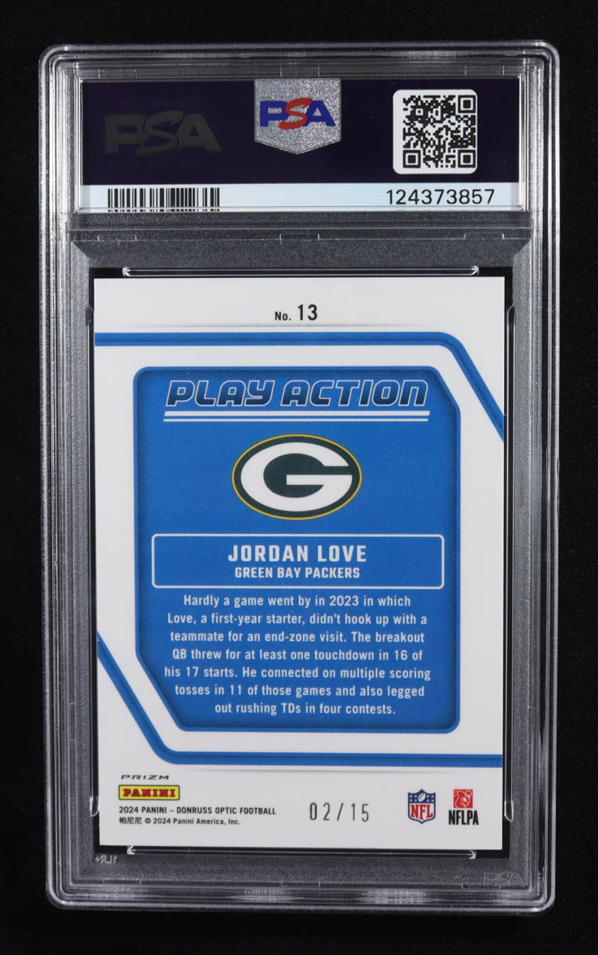 Jordan Love 2024 Donruss Optic Play Action Ice #13 #2/15 (PSA 10) at PristineAuction.com Jordan Love 2024 Donruss Optic Play Action Ice #13 #2/15 (PSA 10) at PristineAuction.com