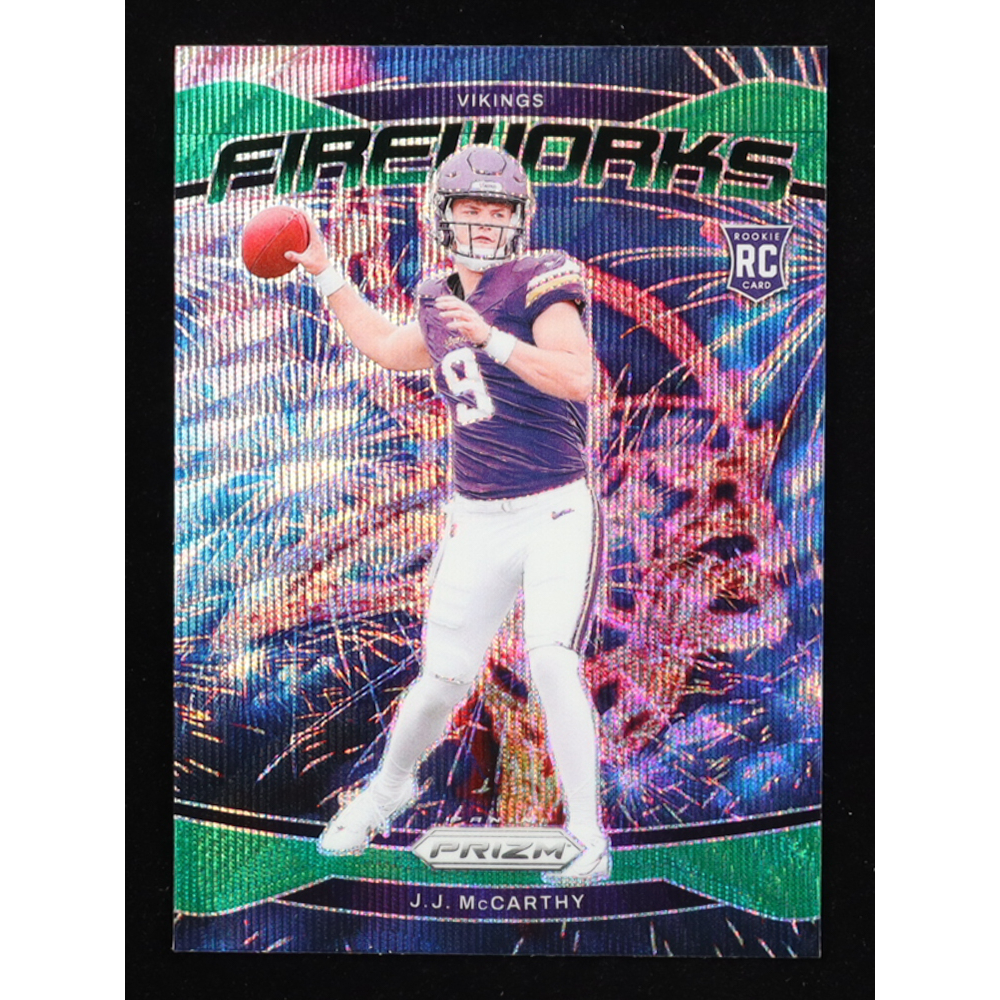 JJ McCarthy 2024 Panini Prizm Fireworks Prizms Green Wave #18 RC at PristineAuction.com JJ McCarthy 2024 Panini Prizm Fireworks Prizms Green Wave #18 RC at PristineAuction.com