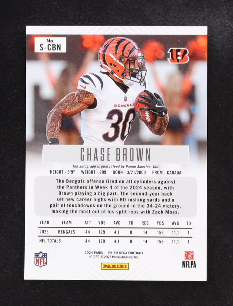 Chase Brown 2024 Panini Prizm Silver Deca Signatures #S-CBN at PristineAuction.com Chase Brown 2024 Panini Prizm Silver Deca Signatures #S-CBN at PristineAuction.com