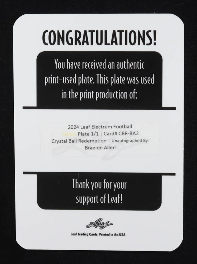 Braelon Allen 2024 Leaf Electrum Crystal Ball Redemption Printing Plates Yellow #CBRBA2 RC #1/1 at PristineAuction.com Braelon Allen 2024 Leaf Electrum Crystal Ball Redemption Printing Plates Yellow #CBRBA2 RC #1/1 at PristineAuction.com