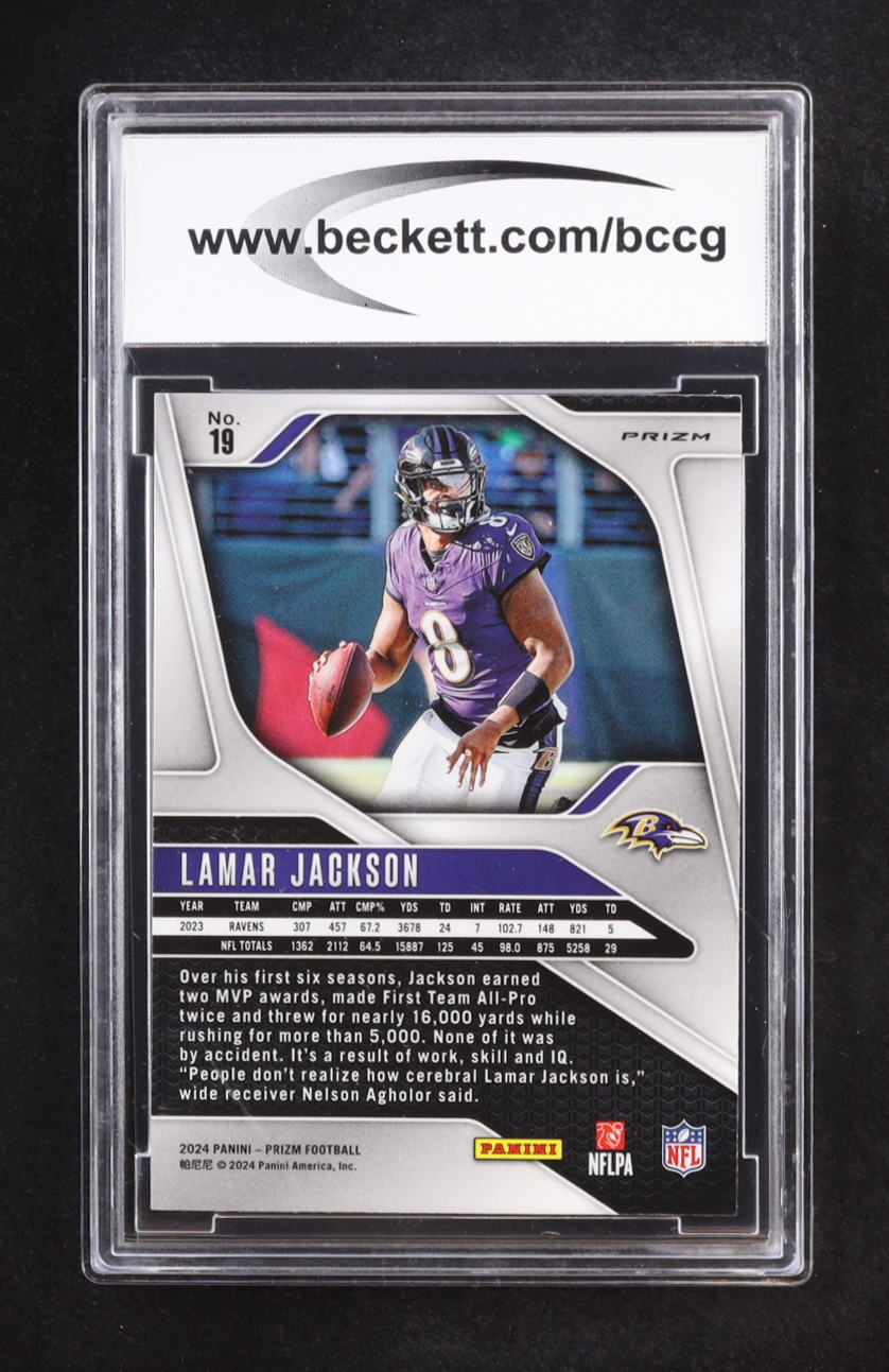 Lamar Jackson 2024 Panini Prizm Prizms Orange Disco #19 (BCCG 10) at PristineAuction.com Lamar Jackson 2024 Panini Prizm Prizms Orange Disco #19 (BCCG 10) at PristineAuction.com