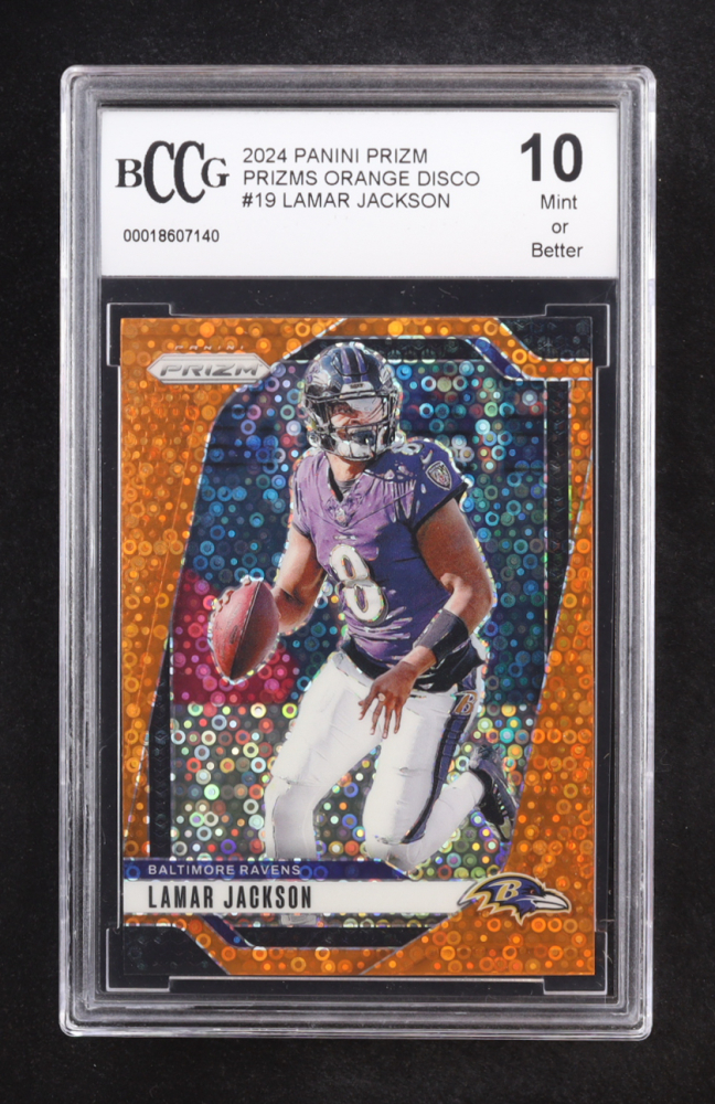 Lamar Jackson 2024 Panini Prizm Prizms Orange Disco #19 (BCCG 10)