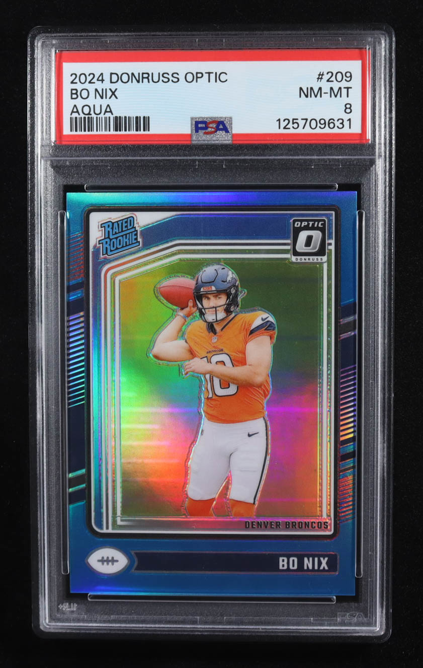 Bo Nix 2024 Donruss Optic Aqua #209 RR #162/299 (PSA 8) at PristineAuction.com Bo Nix 2024 Donruss Optic Aqua #209 RR #162/299 (PSA 8) at PristineAuction.com