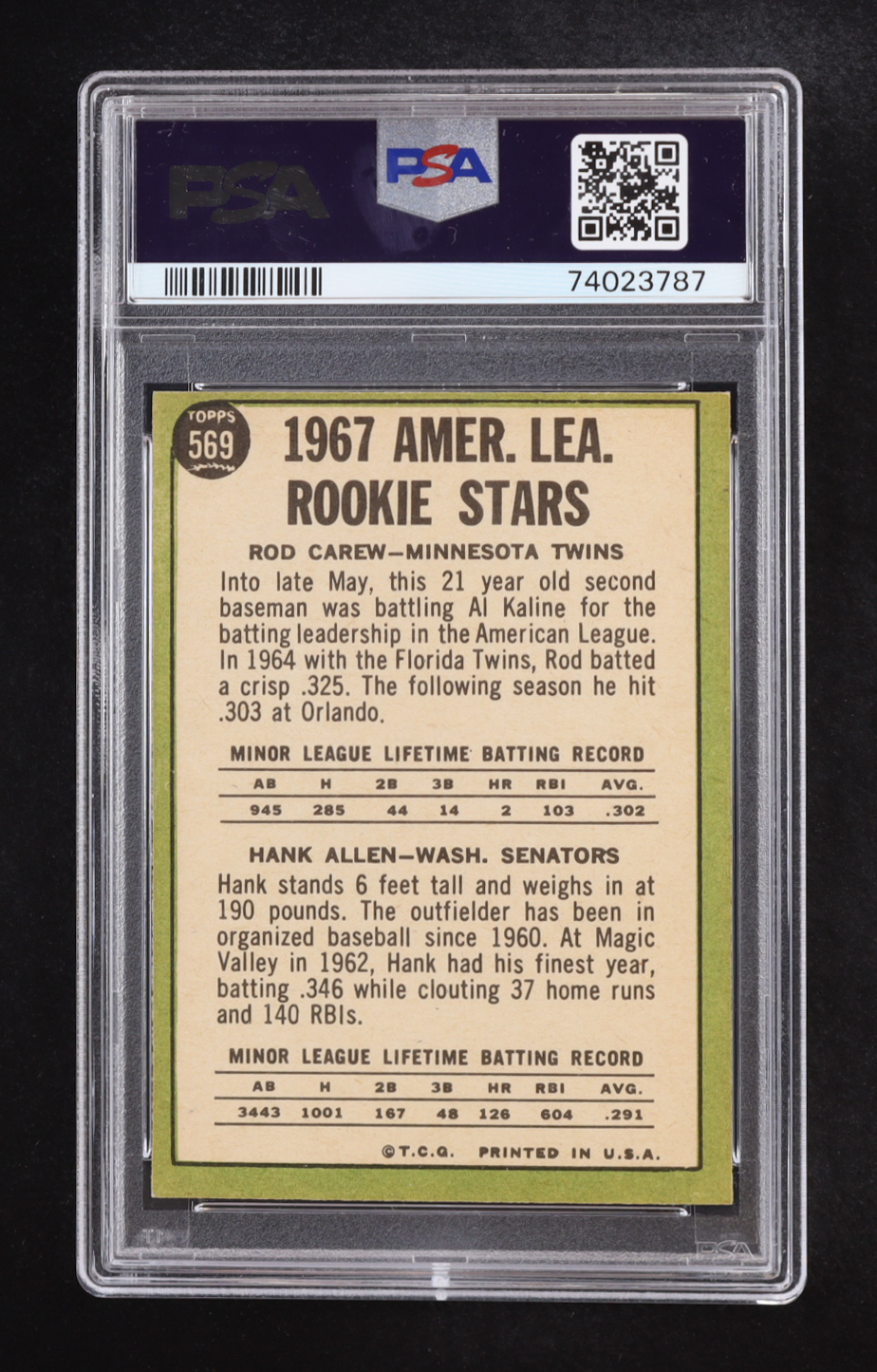 Rod Carew / Hank Allen 1967 Topps #569 Rookie Stars RC DP (PSA 8) (OC) at PristineAuction.com Rod Carew / Hank Allen 1967 Topps #569 Rookie Stars RC DP (PSA 8) (OC) at PristineAuction.com