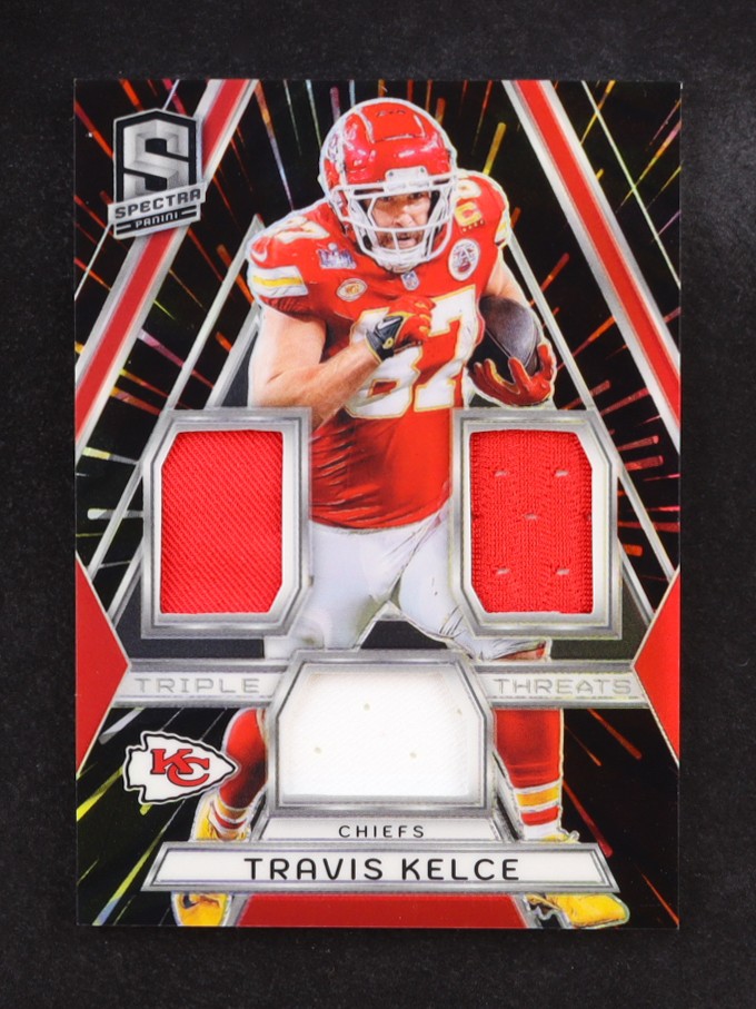 Travis Kelce 2024 Panini Spectra Triple Threats Materials Hyper #4 #31/75 at PristineAuction.com Travis Kelce 2024 Panini Spectra Triple Threats Materials Hyper #4 #31/75 at PristineAuction.com