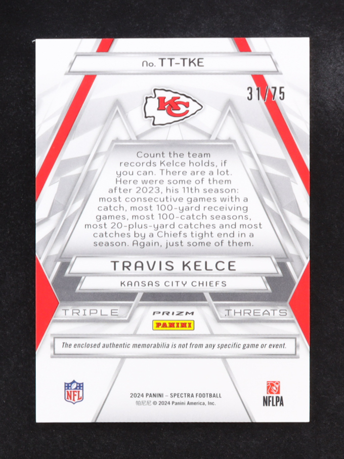 Travis Kelce 2024 Panini Spectra Triple Threats Materials Hyper #4 #31/75 at PristineAuction.com Travis Kelce 2024 Panini Spectra Triple Threats Materials Hyper #4 #31/75 at PristineAuction.com