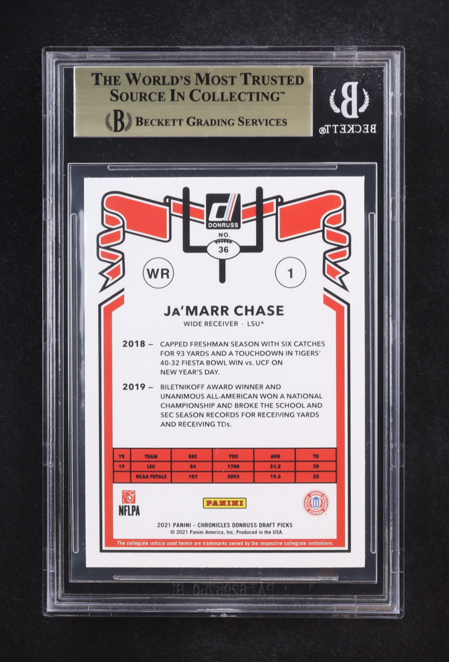 Ja'Marr Chase 2021 Panini Chronicles Draft Picks Donruss Retro #36 RC (BGS 9.5) at PristineAuction.com Ja'Marr Chase 2021 Panini Chronicles Draft Picks Donruss Retro #36 RC (BGS 9.5) at PristineAuction.com