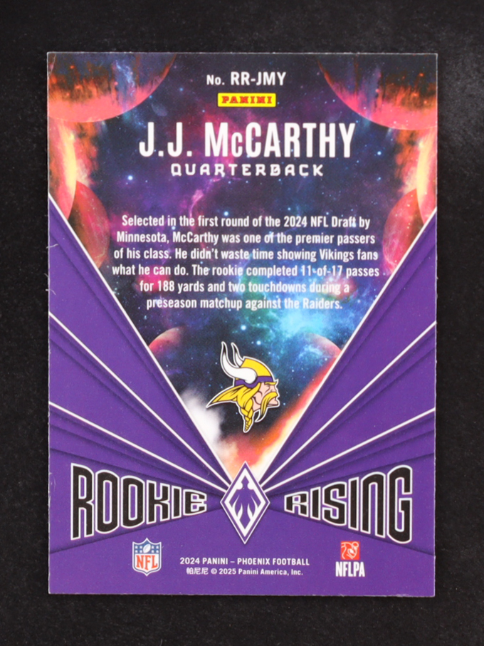 JJ McCarthy 2024 Panini Phoenix Rookie Rising Wave #1 #64/99 RC at PristineAuction.com JJ McCarthy 2024 Panini Phoenix Rookie Rising Wave #1 #64/99 RC at PristineAuction.com