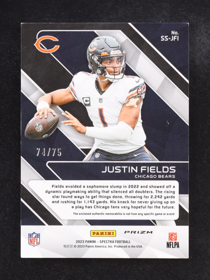 Justin Fields 2023 Panini Spectra Sunday Spectacle Materials Hyper #18 #74/75 at PristineAuction.com Justin Fields 2023 Panini Spectra Sunday Spectacle Materials Hyper #18 #74/75 at PristineAuction.com